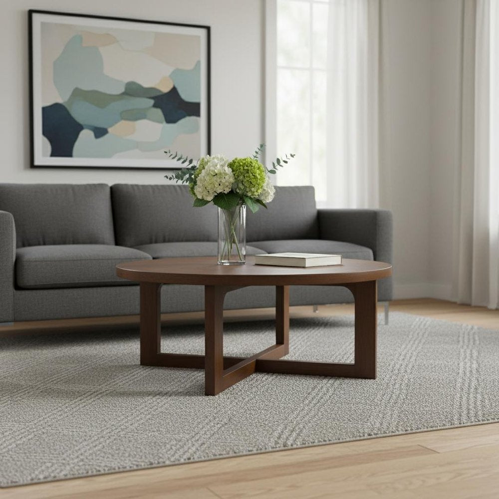 36" Brown Solid Wood Round Cross Legs Coffee Table