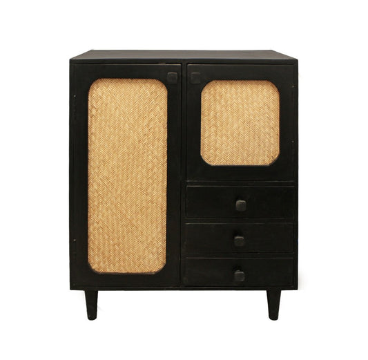 32" Black Distressed Solid Wood Three Drawer Sideboard with Two Doors