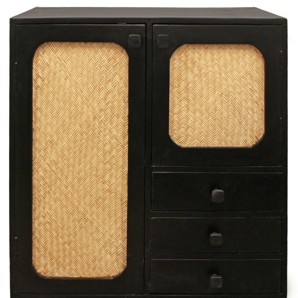 32" Black Distressed Solid Wood Three Drawer Sideboard with Two Doors