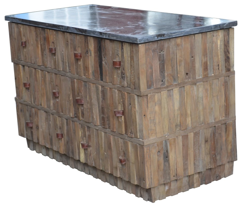 47" Brown Distressed Reclaimed Wood Carved Geometric Six Drawer Buffet Table