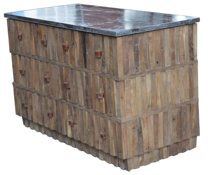 47" Brown Distressed Reclaimed Wood Carved Geometric Six Drawer Buffet Table