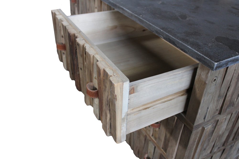 47" Brown Distressed Reclaimed Wood Carved Geometric Six Drawer Buffet Table