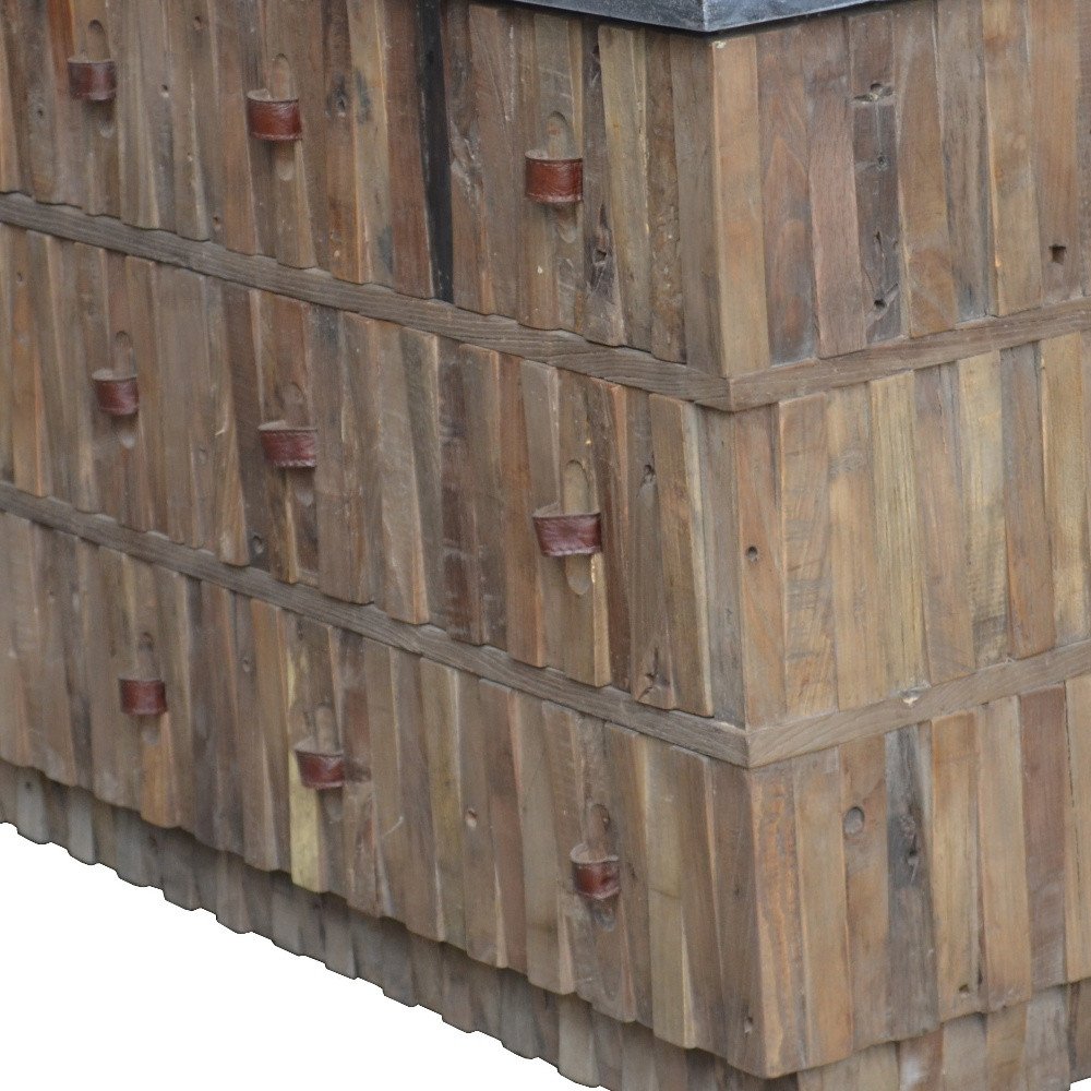 47" Brown Distressed Reclaimed Wood Carved Geometric Six Drawer Buffet Table