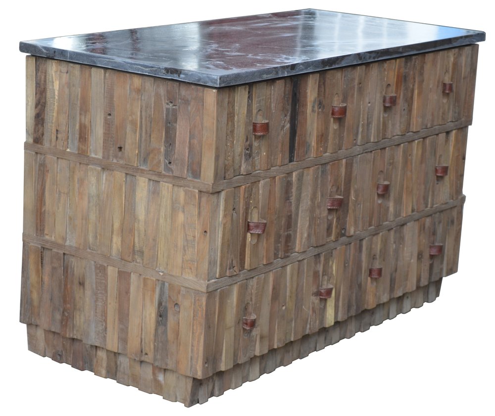 47" Brown Distressed Reclaimed Wood Carved Geometric Six Drawer Buffet Table