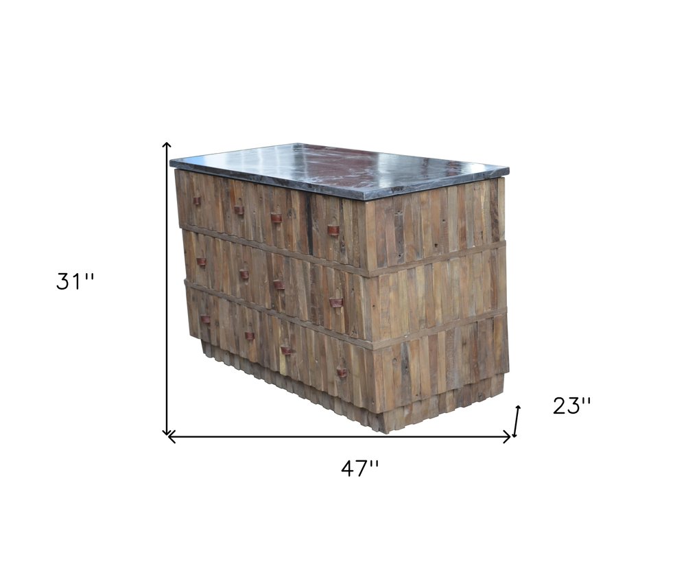 47" Brown Distressed Reclaimed Wood Carved Geometric Six Drawer Buffet Table
