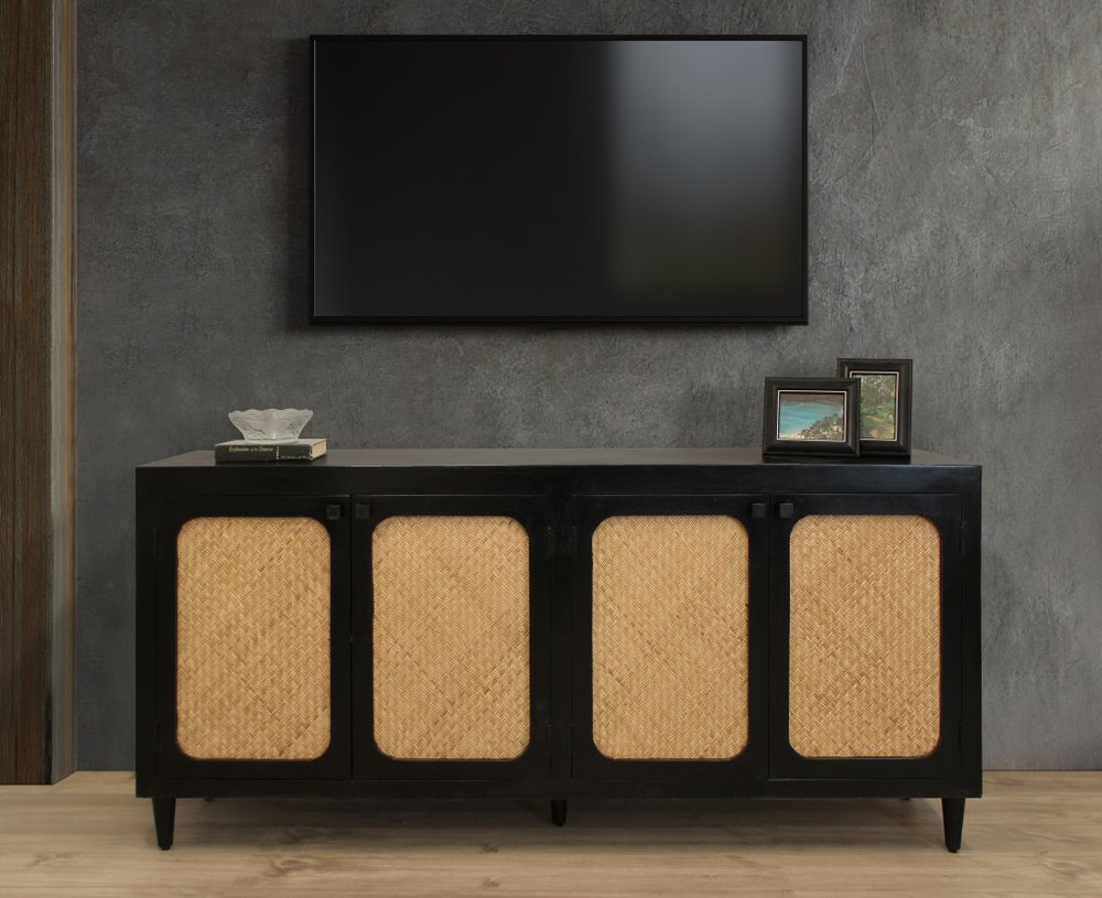 82" Black Distressed Solid Wood Sideboard with Four Doors