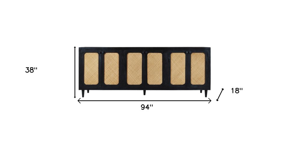 94" Black Distressed Solid Wood Sideboard with Six Doors