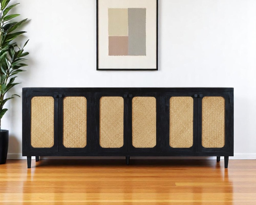 94" Black Distressed Solid Wood Sideboard with Six Doors