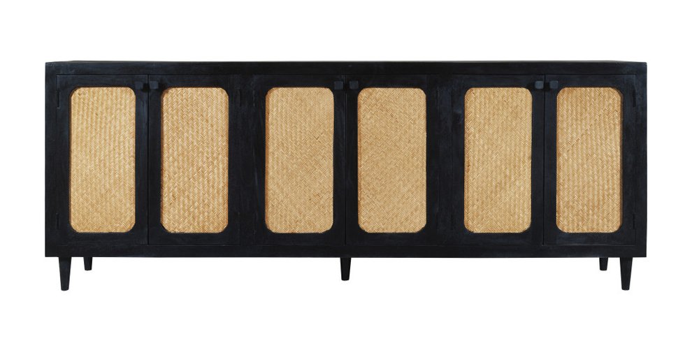 94" Black Distressed Solid Wood Sideboard with Six Doors