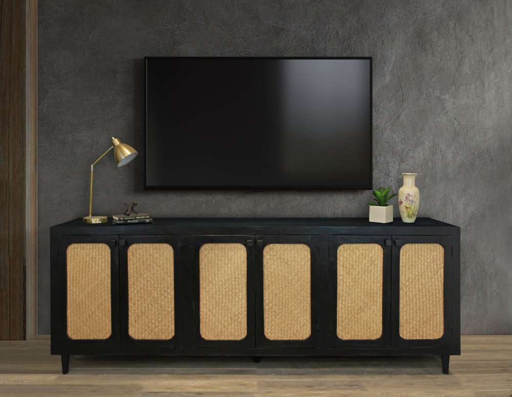 94" Black Distressed Solid Wood Sideboard with Six Doors