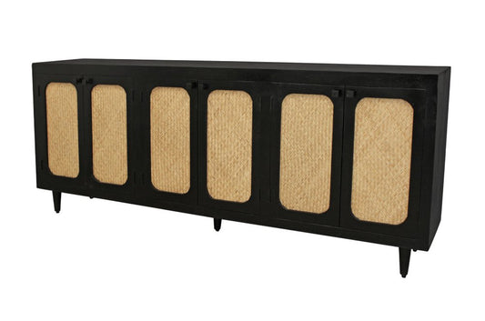 94" Black Distressed Solid Wood Sideboard with Six Doors