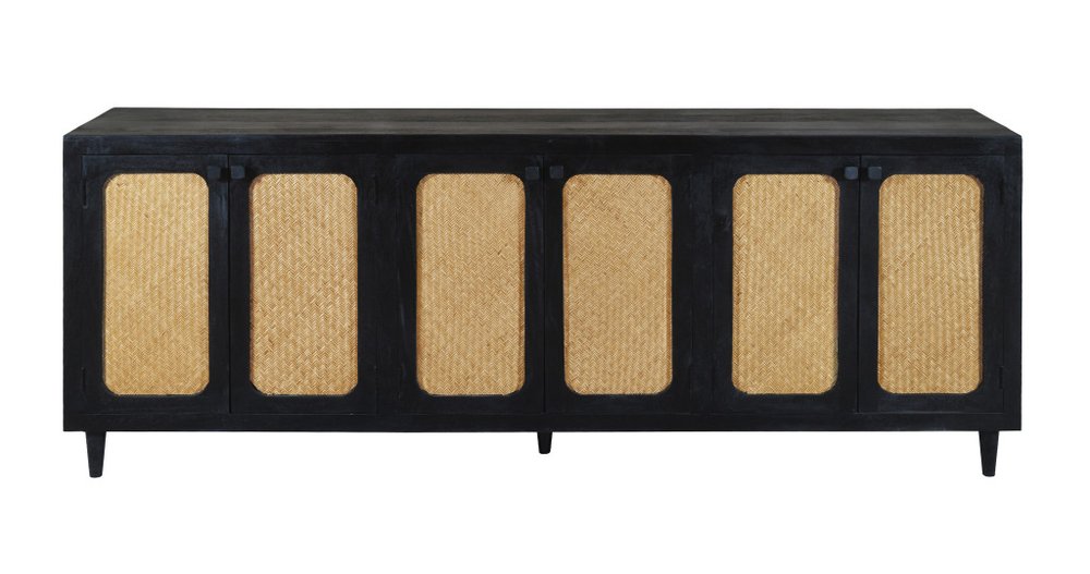94" Black Distressed Solid Wood Sideboard with Six Doors