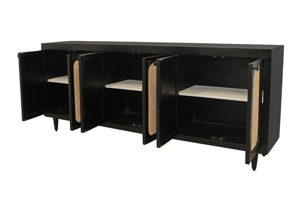 94" Black Distressed Solid Wood Sideboard with Six Doors