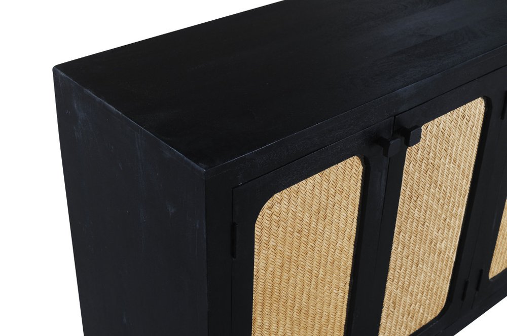 94" Black Distressed Solid Wood Sideboard with Six Doors