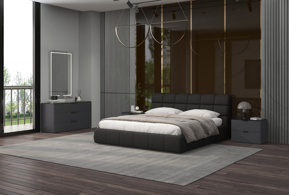 Dark Gray Tufted Linen Blend Upholstered King Bed Frame