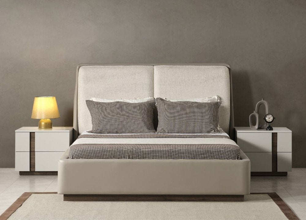 Gray And Cream Faux Leather Upholstered King Bed Frame
