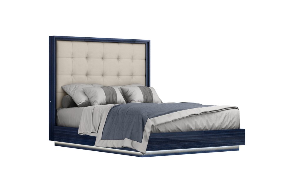 Blue and Gray Wood And Tufted Faux Leather Lighted Queen Bed Frame