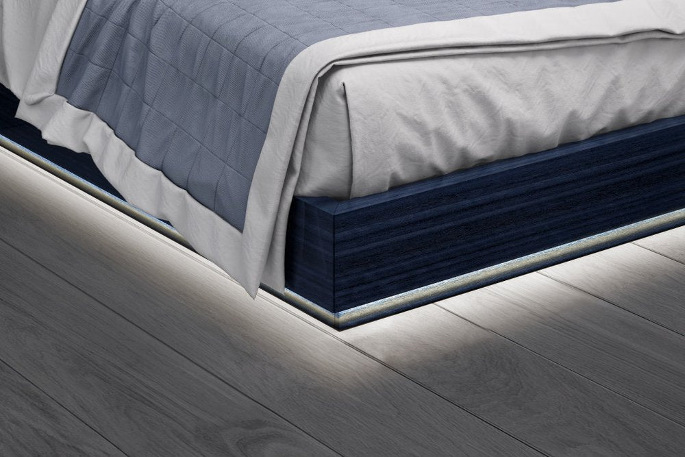 Blue and Gray Wood And Tufted Faux Leather Lighted Queen Bed Frame