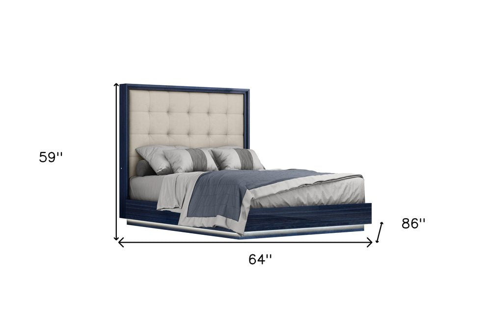 Blue and Gray Wood And Tufted Faux Leather Lighted Queen Bed Frame