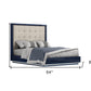 Blue and Gray Wood And Tufted Faux Leather Lighted Queen Bed Frame