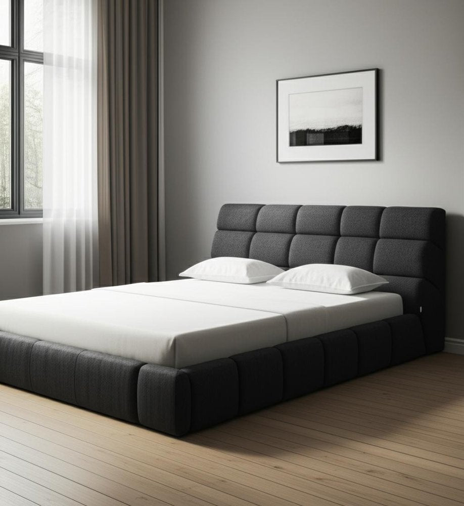 Dark Gray Tufted Linen Blend Upholstered Queen Bed Frame