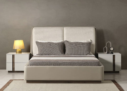Gray And Cream Faux Leather Upholstered Queen Bed Frame
