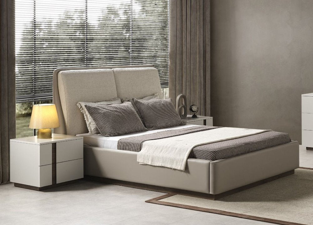 Gray And Cream Faux Leather Upholstered Queen Bed Frame