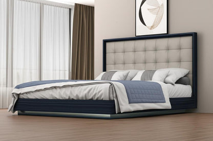 Blue and Gray Wood And Tufted Faux Leather Lighted King Bed Frame