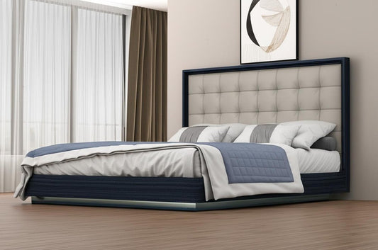 Blue and Gray Wood And Tufted Faux Leather Lighted King Bed Frame