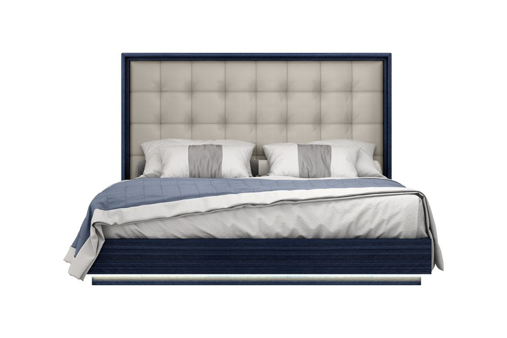 Blue and Gray Wood And Tufted Faux Leather Lighted King Bed Frame