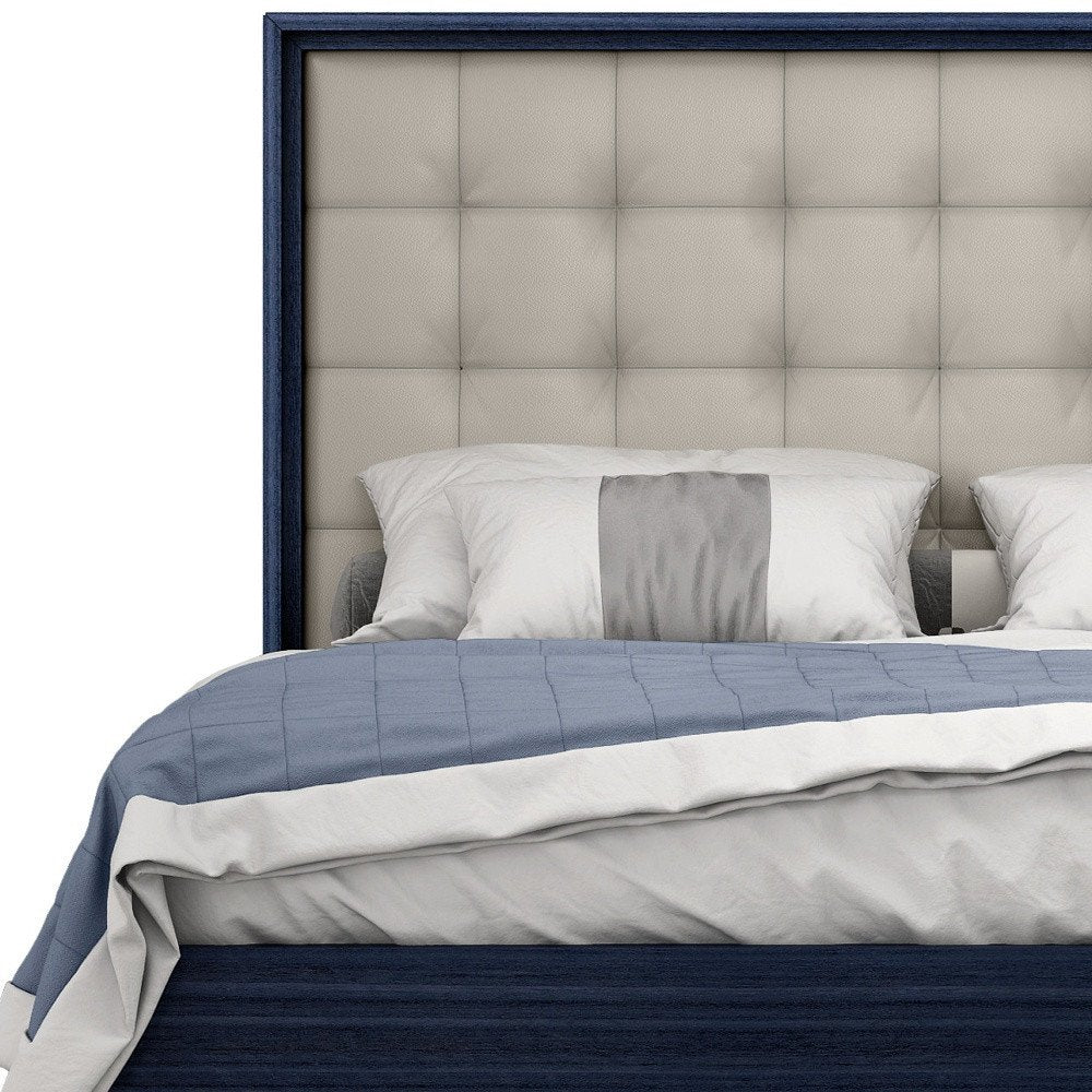 Blue and Gray Wood And Tufted Faux Leather Lighted King Bed Frame