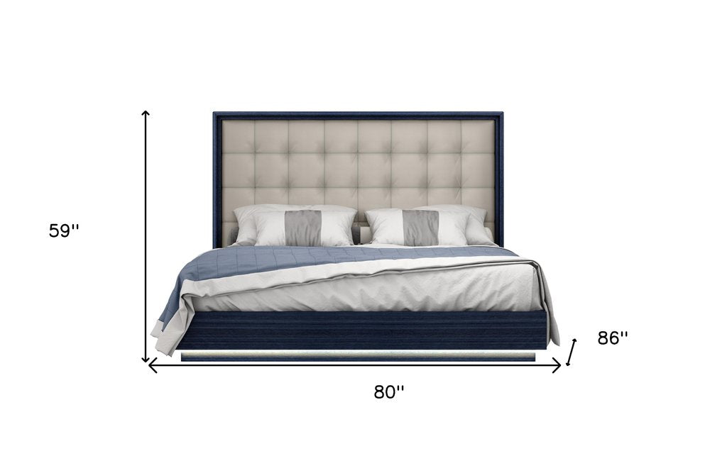 Blue and Gray Wood And Tufted Faux Leather Lighted King Bed Frame