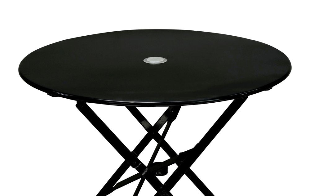 30" Black Rounded Aluminum Folding Outdoor Bistro Table with Umbrella Hole