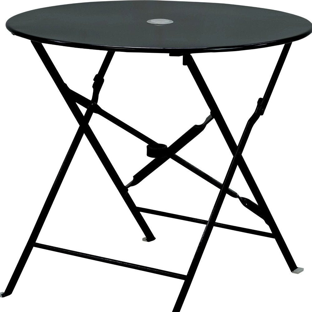 30" Black Rounded Aluminum Folding Outdoor Bistro Table with Umbrella Hole