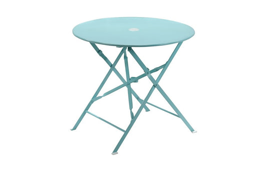30" Aqua Rounded Aluminum Folding Outdoor Bistro Table with Umbrella Hole
