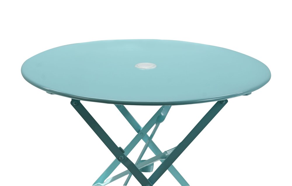 30" Aqua Rounded Aluminum Folding Outdoor Bistro Table with Umbrella Hole