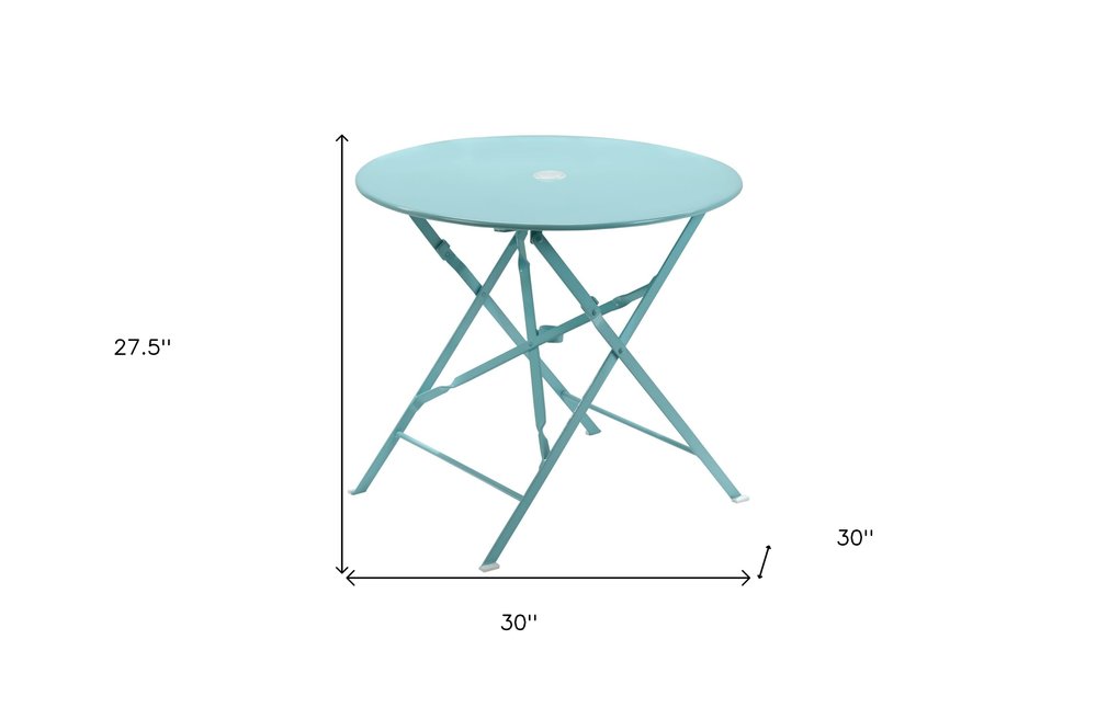 30" Aqua Rounded Aluminum Folding Outdoor Bistro Table with Umbrella Hole