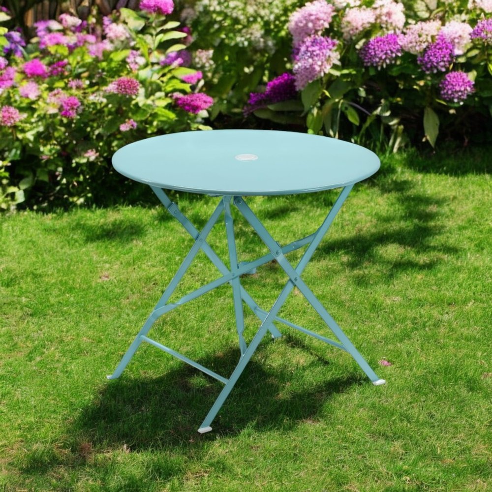 30" Aqua Rounded Aluminum Folding Outdoor Bistro Table with Umbrella Hole