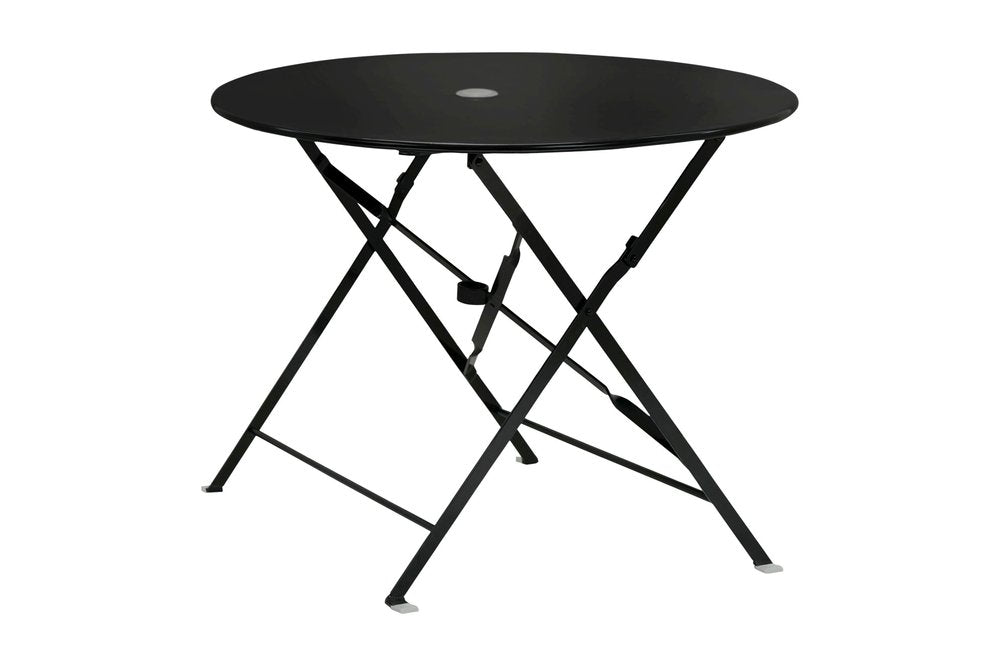 36" Black Rounded Aluminum Folding Outdoor Dining Table with Umbrella Hole