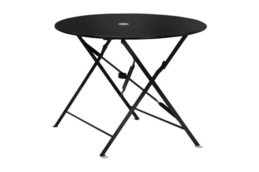36" Black Rounded Aluminum Folding Outdoor Dining Table with Umbrella Hole