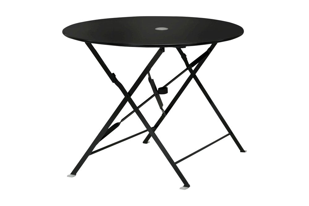 36" Black Rounded Aluminum Folding Outdoor Dining Table with Umbrella Hole