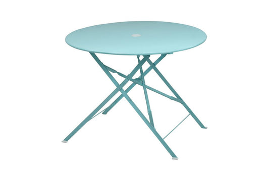 36" Aqua Rounded Aluminum Folding Outdoor Dining Table with Umbrella Hole