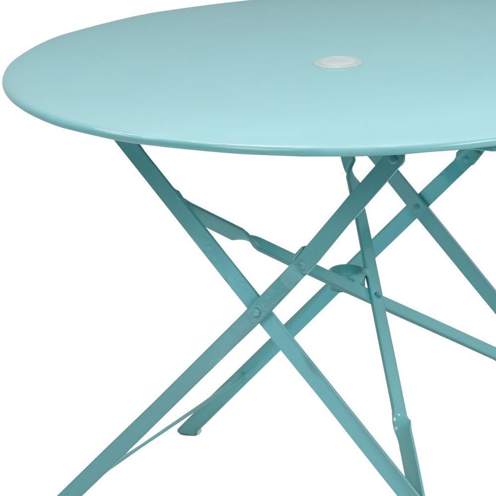 36" Aqua Rounded Aluminum Folding Outdoor Dining Table with Umbrella Hole