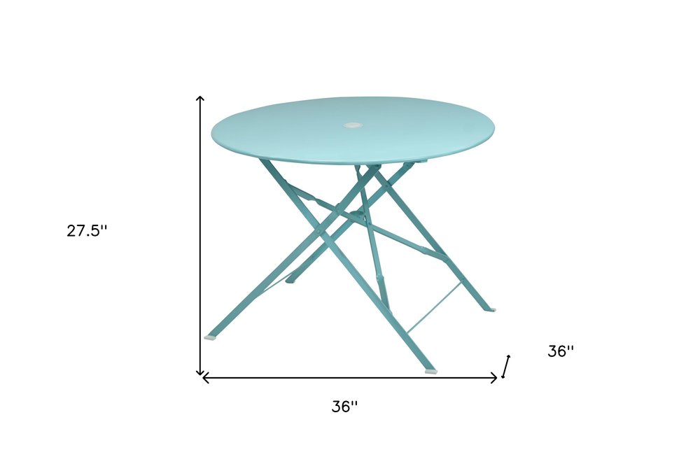 36" Aqua Rounded Aluminum Folding Outdoor Dining Table with Umbrella Hole