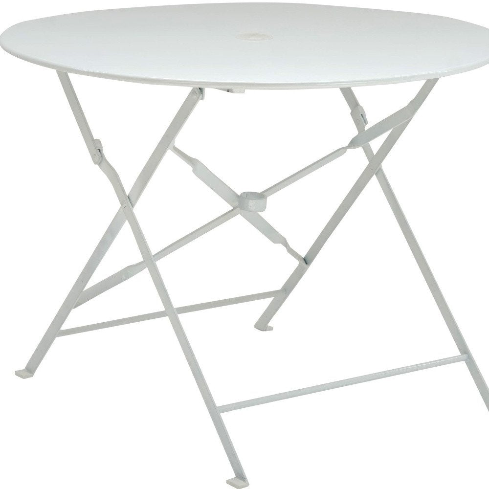 36" White Rounded Aluminum Folding Outdoor Dining Table with Umbrella Hole