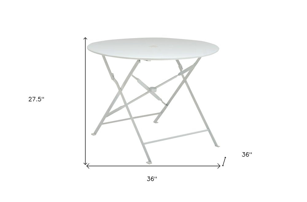 36" White Rounded Aluminum Folding Outdoor Dining Table with Umbrella Hole