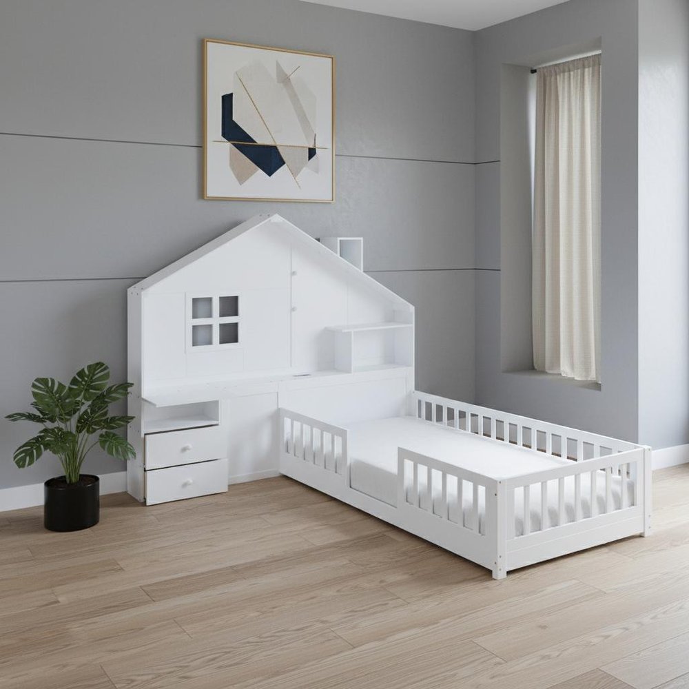 White Wood Twin Canopy Bed Frame With Drawers