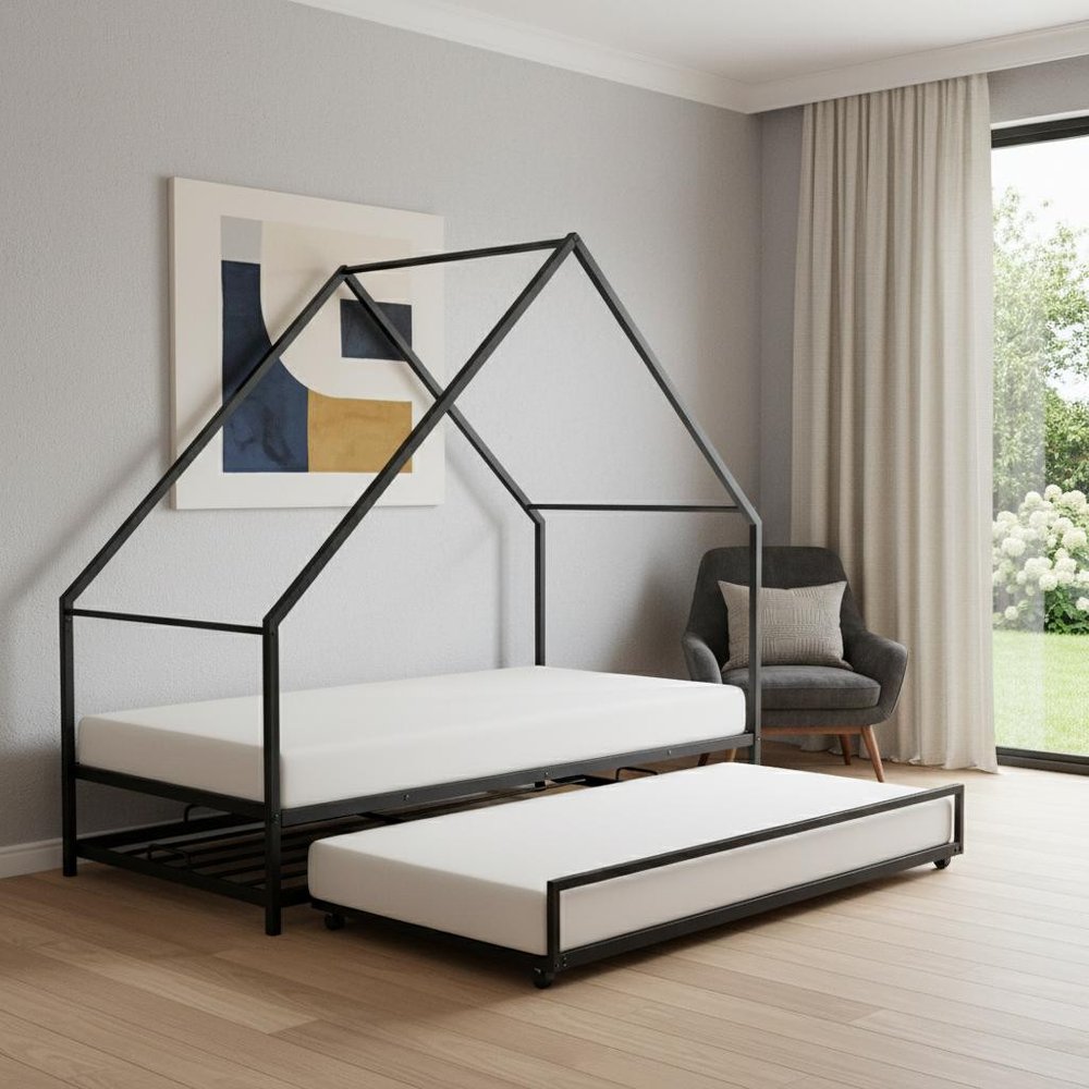 Black Metal Twin Canopy Bed Frame With Trundle