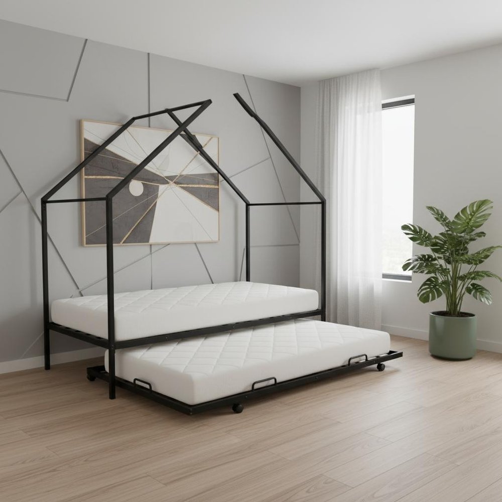 Black Metal Twin Canopy Bed Frame With Trundle