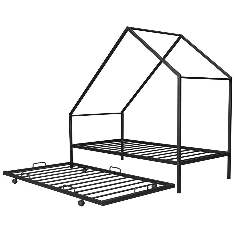 Black Metal Twin Canopy Bed Frame With Trundle